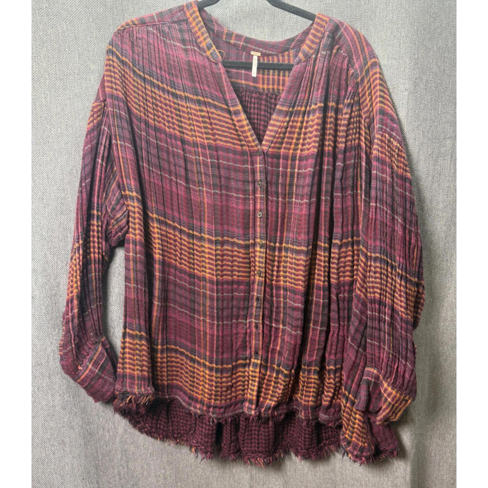 Free People‎ Women's M Come On Over Plaid Button Up Raw Hem Oversized Flannel